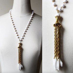 Vintage White Beaded and Gold Tassel Necklace | Jewelry | Necklaces | VTG